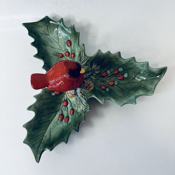 Christmas Traditions Cardinal Holly Ceramic Dish Holiday Red/Green 10" VTG - Picture 15 of 16